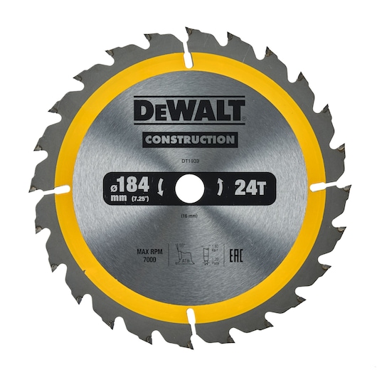 DEWALT DT1939 184mm 24-tooth circular saw blade for construction with yellow accent.