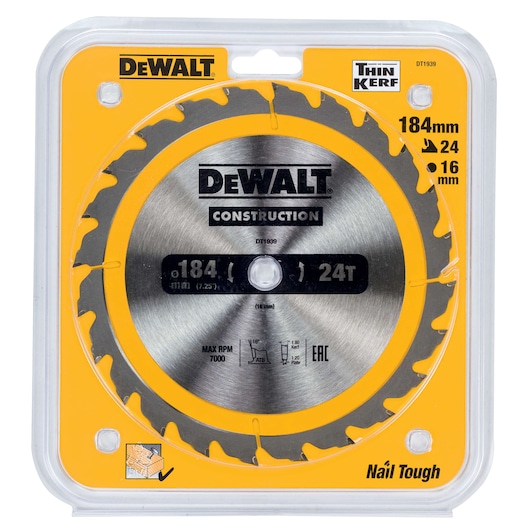 DEWALT DT1939 184mm 24-tooth circular saw blade in clear packaging for construction use.