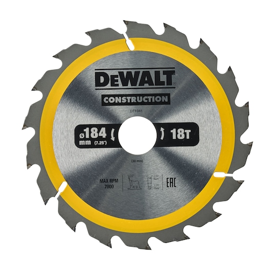 DEWALT DT1941 circular saw blade with yellow edge and 18 teeth, diameter 184mm, for construction use.