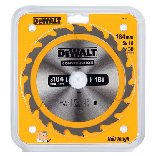 DEWALT DT1941 circular saw blade for construction, 184mm diameter, 18 teeth, in yellow plastic packaging.