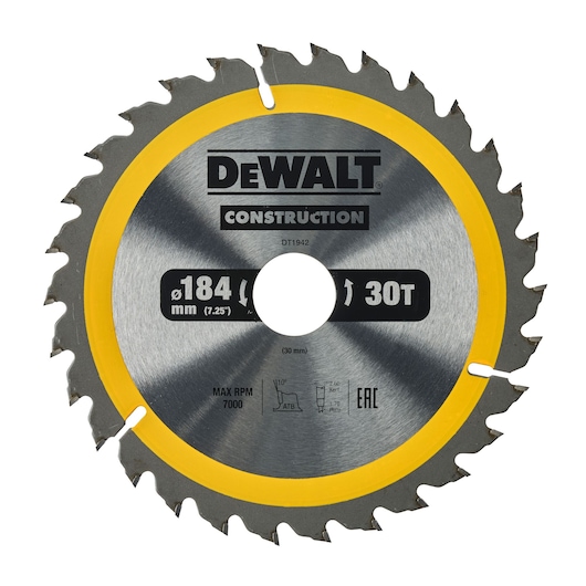 DEWALT DT1942 circular saw blade, 184 mm diameter, 30 teeth, used for construction cutting tasks.