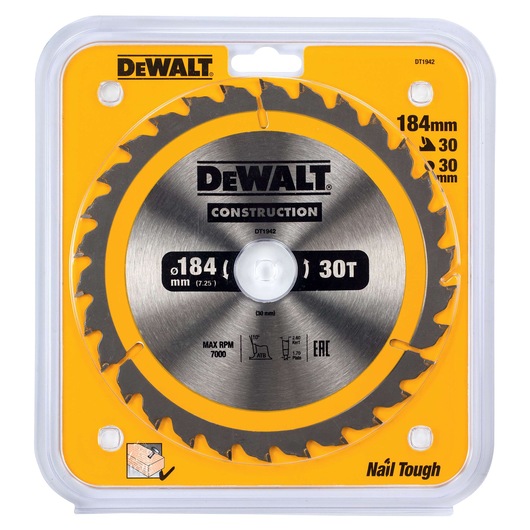 DEWALT DT1942 184mm circular saw blade for construction, 30 teeth, in yellow packaging.