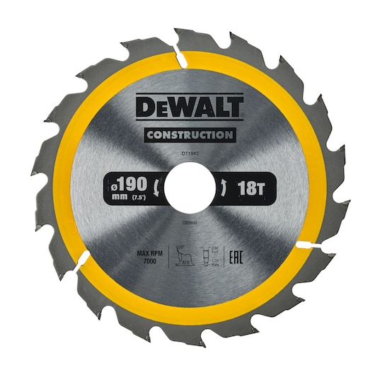 DEWALT DT1943 circular saw blade for construction, 190 mm diameter with 18 teeth, silver blade with yellow rim, labeled with product information.