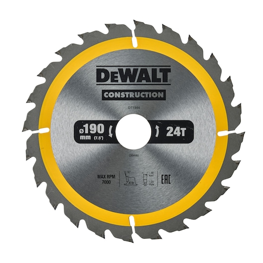 Circular saw blade with yellow ring, partially blurred in the center, DEWALT DT1944 product image.