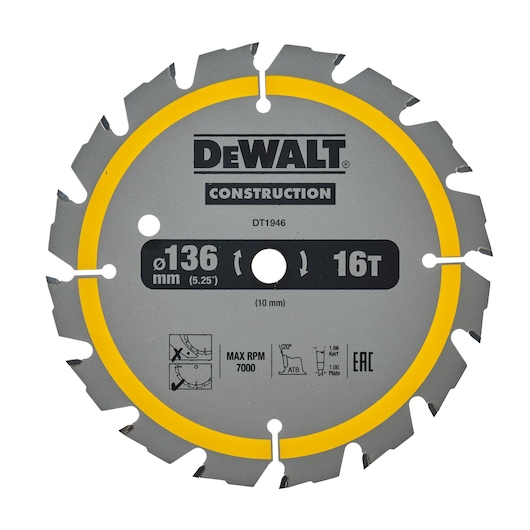 DEWALT DT1946 136mm 16-tooth circular saw blade for construction, grey with yellow ring and product details.