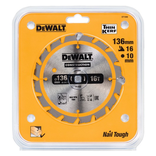 DEWALT DT1946 circular saw blade for construction applications, packaged in clear plastic with yellow background. Blade is 136mm diameter with 16 teeth and 10mm arbor size. Suitable for cutting wood, indicated as 'Nail Tough'.