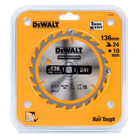 DEWALT saw blade DT1947, 136mm diameter, 24 teeth, in orange and clear packaging.