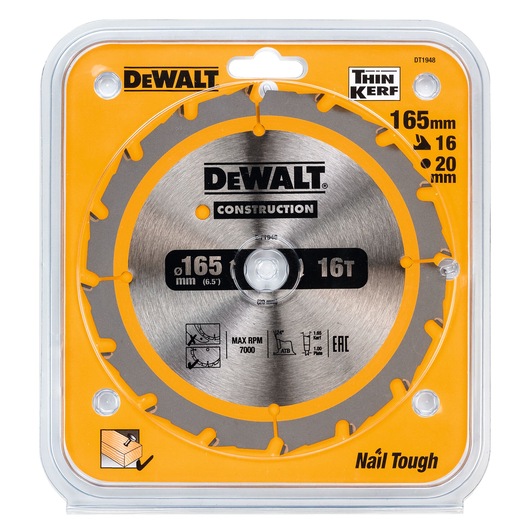 DEWALT DT1948 circular saw blade for construction, packaged in a clear plastic case with yellow and black branding. The blade is 165 mm in diameter, has 16 teeth, and is compatible with a 20 mm arbor. The packaging highlights features such as 'Thin Kerf,' maximum RPM of 7000, and suitability for cutting wood with nails.