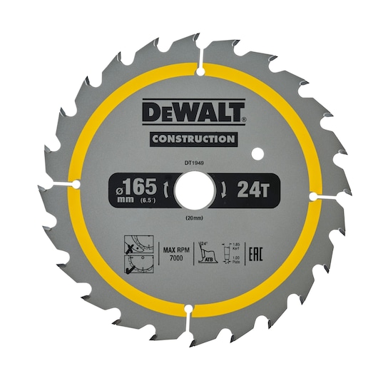A DEWALT Construction circular saw blade, model DT1949, with 24 teeth and a diameter of 165 mm. The blade is gray with a yellow ring, and product specifications are printed on the surface.