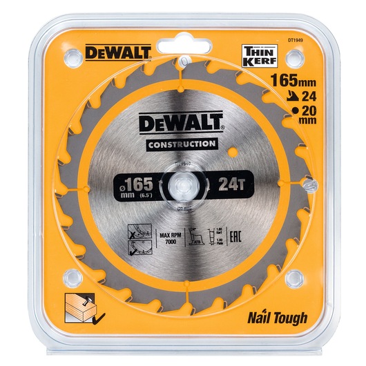 DEWALT DT1949 circular saw blade in packaging, 165mm diameter, 24 teeth, 20mm arbor, labeled for construction use, with 'Nail Tough' and 'Thin Kerf' features.