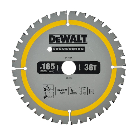 DEWALT DT1950 circular saw blade with 36 teeth, 165mm diameter, construction category.