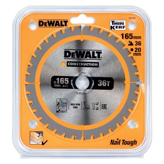 DEWALT DT1950 circular saw blade, 165mm, 36 teeth, for construction, nail tough, in orange packaging.