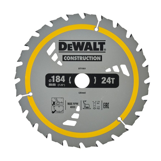 DEWALT DT1951 construction saw blade, 184mm diameter, 24 teeth, grey with yellow detailing.