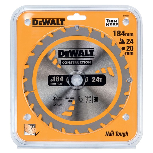DEWALT DT1951 circular saw blade in packaging, 184mm diameter, 24 teeth, for wood cutting.