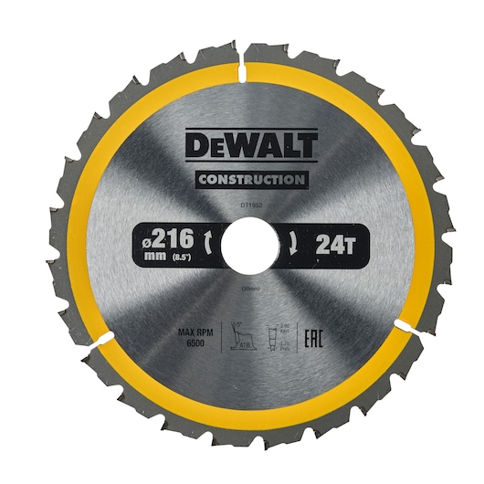 DEWALT DT1952 circular saw blade for construction, 216 mm diameter, 24 teeth, silver with yellow edge and central hole.