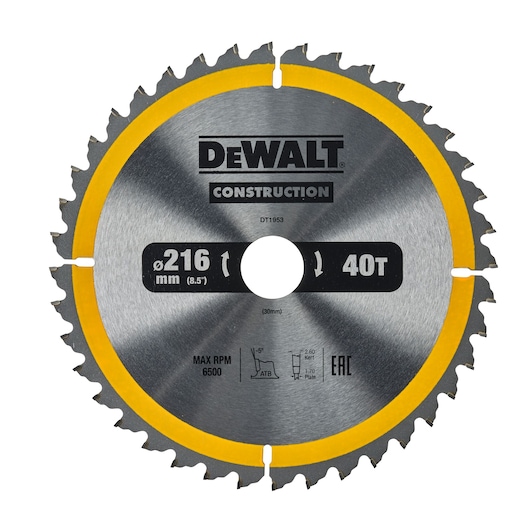 DEWALT circular saw blade, model DT1953, with 216 mm diameter and 40 teeth. The blade is steel with a yellow rim and features construction use markings.