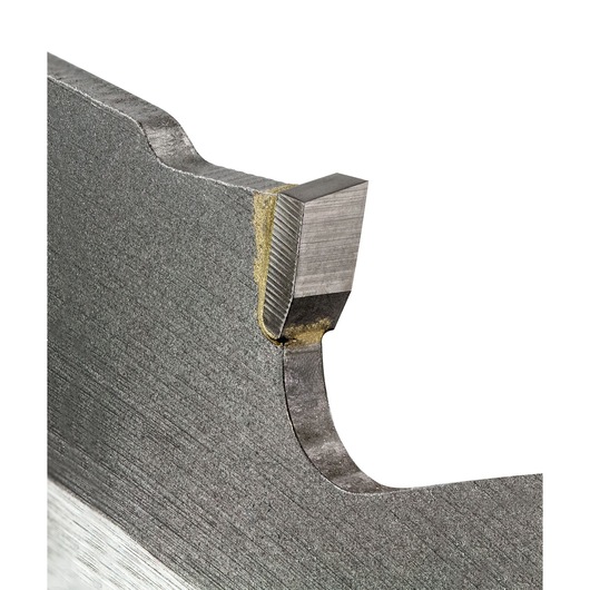 Close-up view of a metallic saw blade showing the sharp cutting tooth and its welded connection to the blade body.