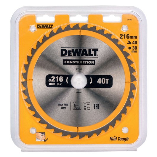 DEWALT DT1953 construction saw blade in its packaging. The blade is 216mm in diameter, with 40 teeth and a 30mm bore. Designed for cutting wood, it features 'Nail Tough' durability and is suitable for use with power tools.