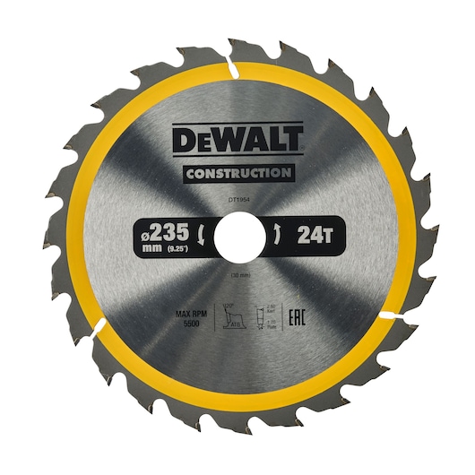 DEWALT DT1954 circular saw blade, 235mm diameter, 24 teeth, for construction cutting.