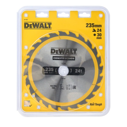 DEWALT DT1954 235mm circular saw blade in yellow packaging, 24 teeth, for construction use.