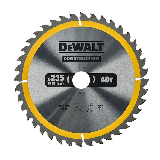 DEWALT DT1955 circular saw blade, 235mm diameter, 40 teeth, metal with yellow edge, construction use.