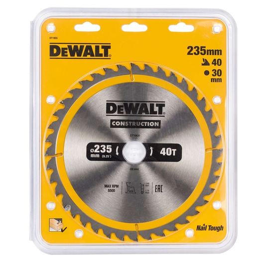 DEWALT DT1955 circular saw blade in packaging, 235mm diameter, 40 teeth, construction use.