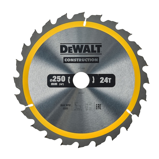 A DEWALT branded circular saw blade, model DT1956, designed for construction use. The blade is metallic with a yellow edge, has 24 teeth, a diameter of 250 mm (10 inches), and other specifications printed on the blade.