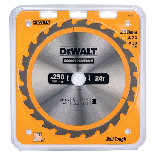 DEWALT DT1956 construction saw blade in protective packaging. The blade is 250mm in diameter with 24 teeth, suitable for tough materials. The packaging is mainly yellow and transparent, showing specifications and branding.