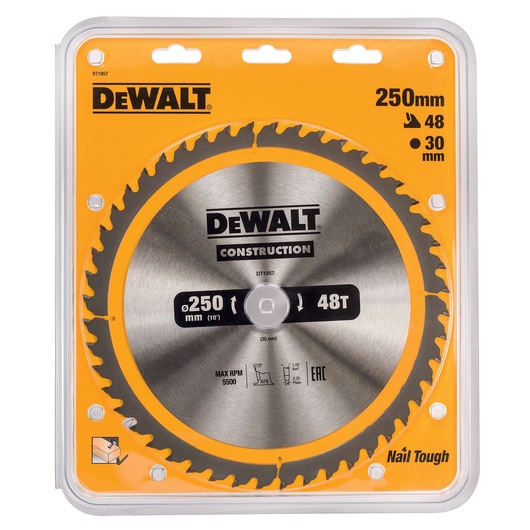 DEWALT DT1957 circular saw blade in packaging, designed for construction use. The blade is 250mm in diameter, 48 teeth, with a 30mm bore. The packaging is primarily yellow and clear, showing the blade and its specifications.