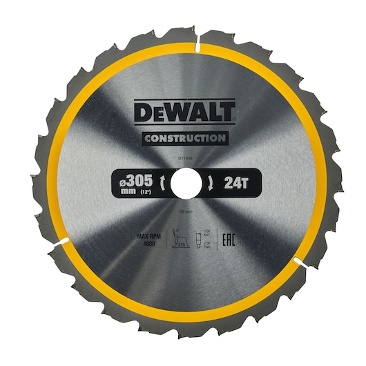 DEWALT DT1958 construction circular saw blade, 305 mm (12 inch) diameter with 24 teeth, silver and yellow finish, designed for high speed cutting applications.