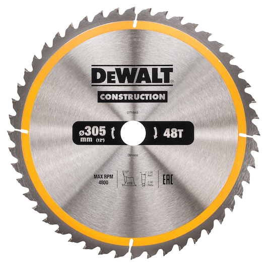 A DEWALT DT1959 construction circular saw blade with 48 teeth, 305 mm diameter, and a yellow rim. The blade is marked with specifications and branding.