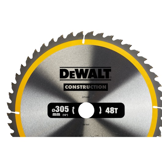 DEWALT DT1959 circular saw blade, 305mm diameter, 48 teeth, silver with yellow edge for construction use.