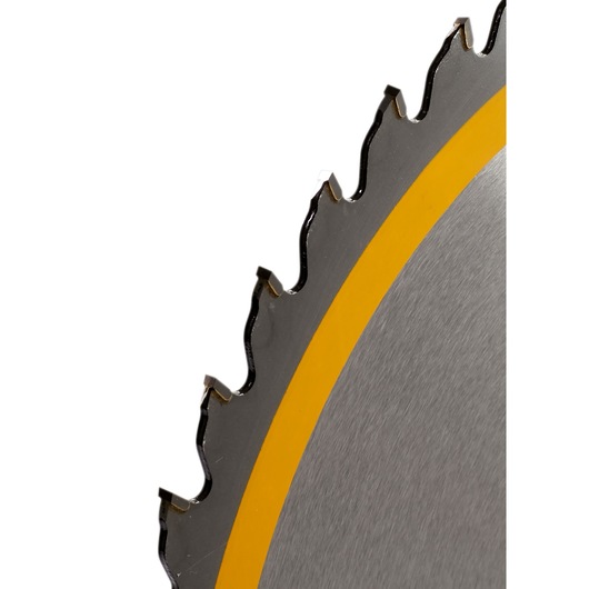 Close-up of a DEWALT circular saw blade with sharp teeth and a yellow stripe on the edge.