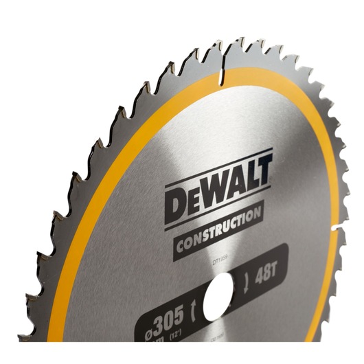 DEWALT DT1959 circular saw blade with 48 teeth for construction, silver metal with yellow ring detail.