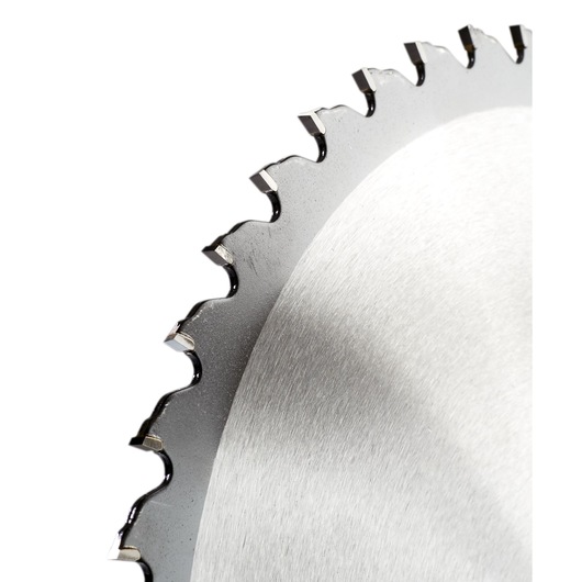 Close-up of a circular saw blade showing sharp metal teeth and smooth surface.