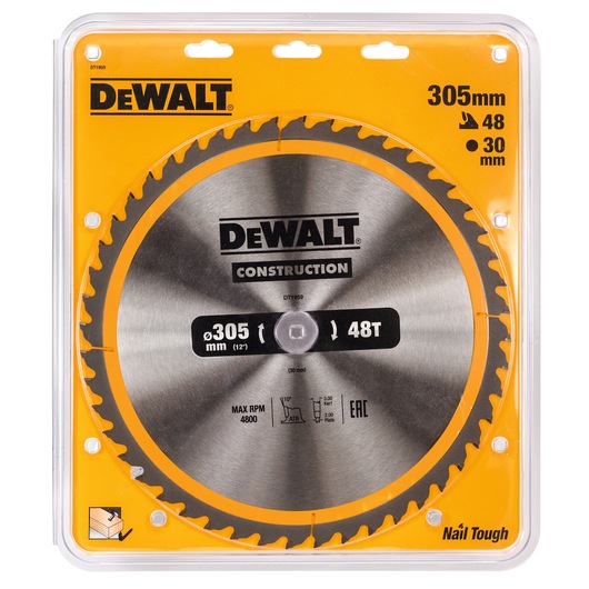 DEWALT 305mm 48T saw blade in yellow packaging, designed for construction and tough nail cutting tasks.