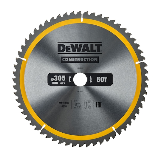DEWALT DT1960 construction circular saw blade, 305mm diameter, 60 teeth, silver color with yellow rim.