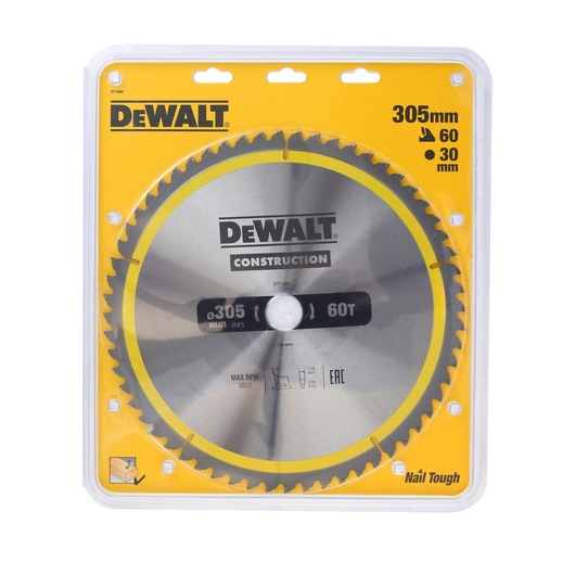 DEWALT DT1960 construction saw blade, 305mm diameter, 60 teeth, in yellow packaging.