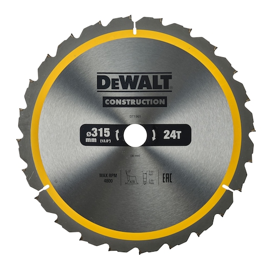 DEWALT DT1961 saw blade, 315mm diameter, 24 teeth, for construction use. Silver with a yellow ring.