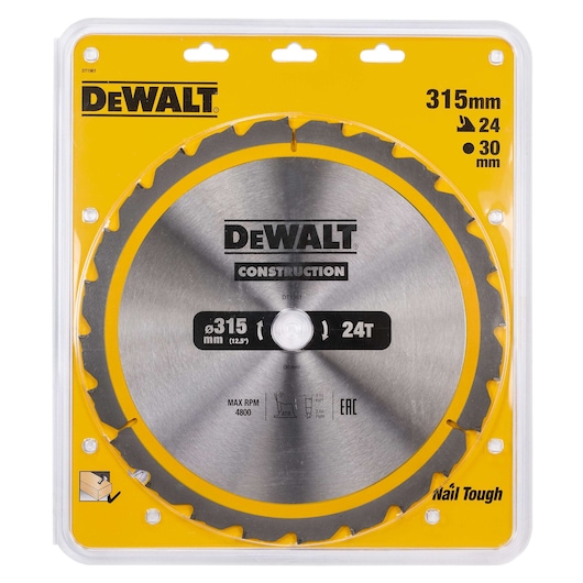 DEWALT DT1961 315mm circular saw blade for construction in yellow packaging, 24 teeth, max RPM 4800.