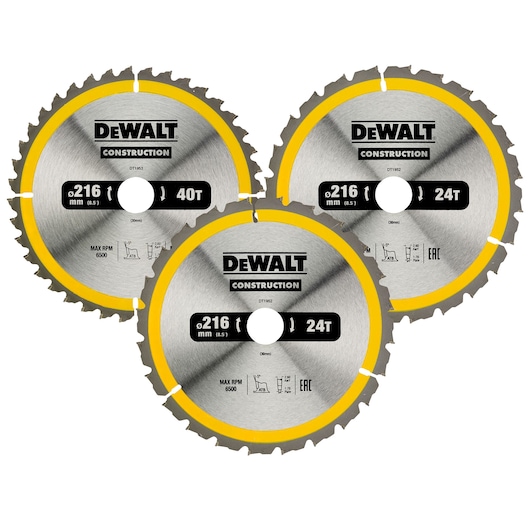 Three DEWALT 216mm circular saw blades for construction, with 24T and 40T tooth count, shown overlapping.