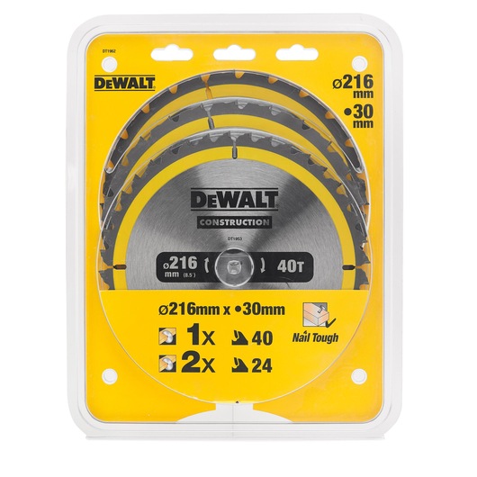 Packaged set of three DEWALT circular saw blades, Construction series, in a yellow and clear plastic case. The visible specifications indicate 216 mm diameter and 30 mm bore, with one blade having 40 teeth and two blades having 24 teeth. Marked as 'Nail Tough' for durability.