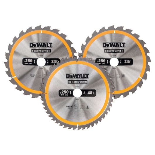 Three DEWALT construction circular saw blades, 250mm diameter, two with 24 teeth and one with 48 teeth.