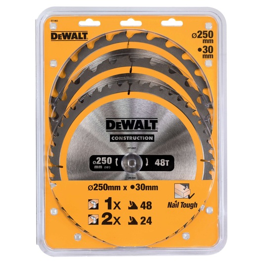DEWALT DT1963 set of three 250mm saw blades in packaging, for construction and woodworking.
