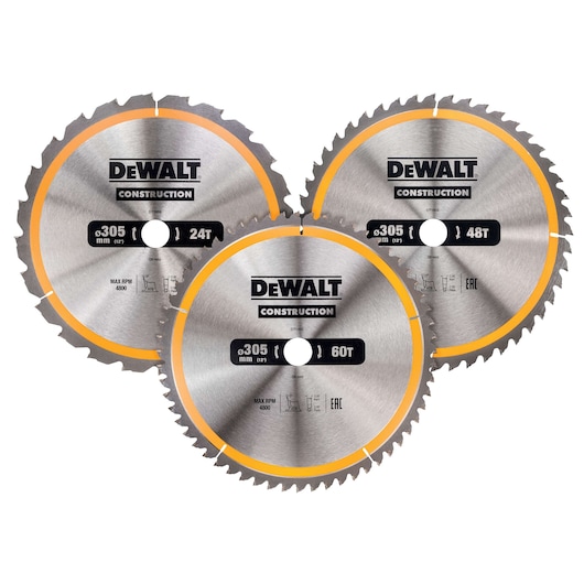 Three DEWALT saw blades with 305mm diameter; 24, 48, and 60 teeth for construction cutting.