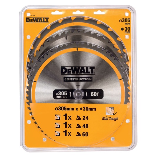 DEWALT DT1964 pack with three circular saw blades, 305mm diameter, for construction and woodworking.