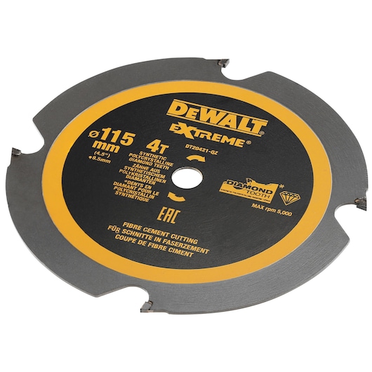 DEWALT DT20421 Extreme fiber cement cutting saw blade, 115mm diameter, diamond tooth design.