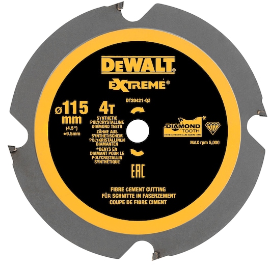 Circular saw blade with yellow accent, parts of the center are obscured by a brown square overlay.