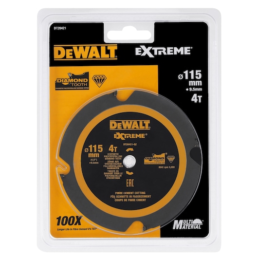 DEWALT Extreme DT20421 115mm circular saw blade for fiber cement, diamond tooth, in retail packaging.