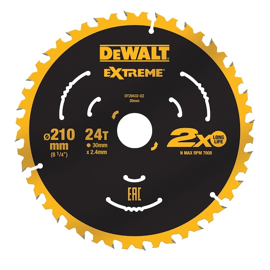 DEWALT DT20432 Extreme 210mm 24T saw blade with gold and black finish, 30mm bore, max RPM 7000.